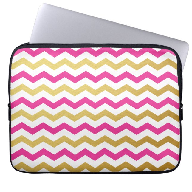 Gold & Pink Chevron Pattern Laptop Sleeve (Front)