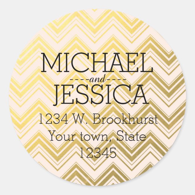 Gold Pink Chevron Personalised address Classic Round Sticker (Front)