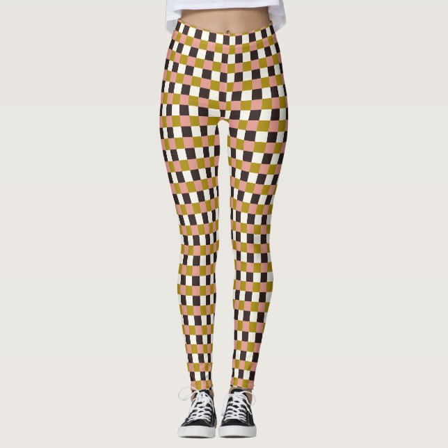 Gold Pink Chocolate Ivory Plaid Leggings (Front)