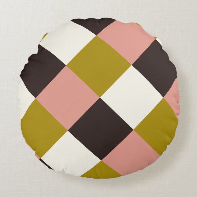 Gold Pink Chocolate Ivory Plaid Round Cushion (Front)