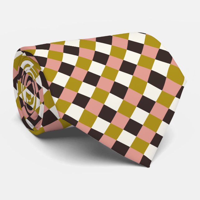 Gold Pink Chocolate Ivory Plaid Tie (Rolled)