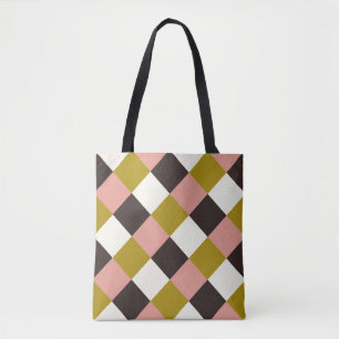 Gold Pink Chocolate Ivory Plaid Tote Bag