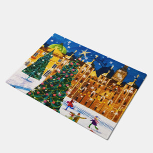 Gold Pink Christmas Winter Ice Skating  Doormat