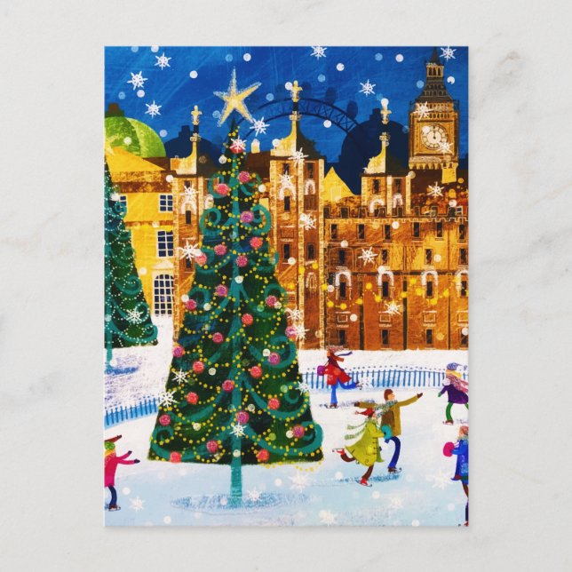 Gold Pink Christmas Winter Ice Skating  Holiday Postcard (Front)