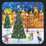 Gold Pink Christmas Winter Ice Skating  Square Sticker<br><div class="desc">It’s an evening of snowy fun. Everybody enjoy a night of ice skating on the rink. In the wintery scene around them,  the glow of Christmas tree illuminates the freshly falling snow.</div>