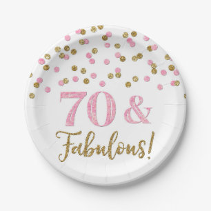 Gold Pink Confetti 70 and Fabulous  Paper Plate