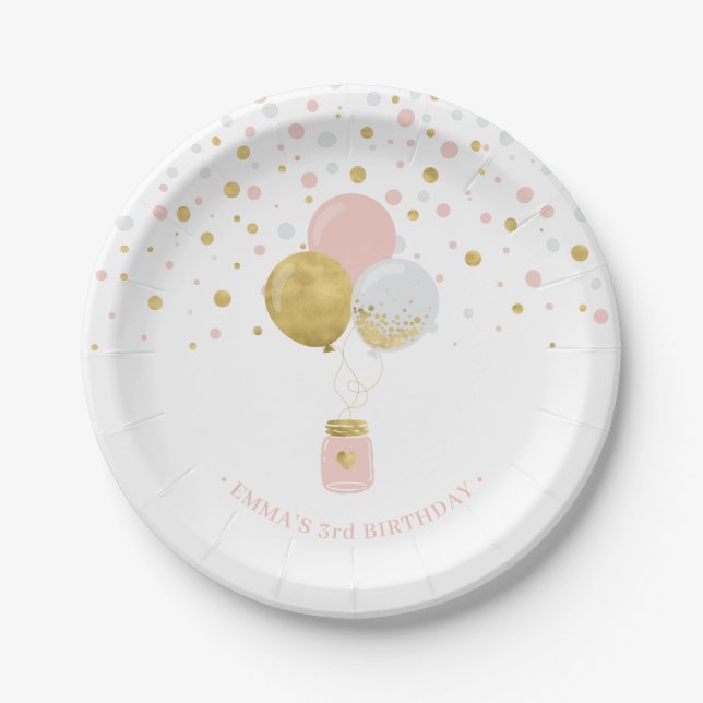 Gold & Pink Confetti, Balloons 1st Birthday Paper Plate (Front)