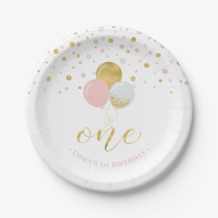 Gold & Pink Confetti, Balloons 1st Birthday Party Paper Plate