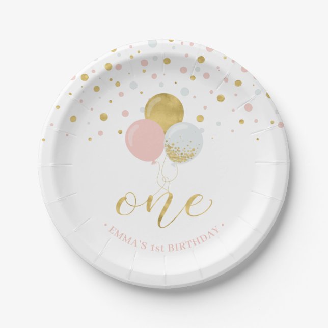 Gold & Pink Confetti, Balloons 1st Birthday Party Paper Plate (Front)