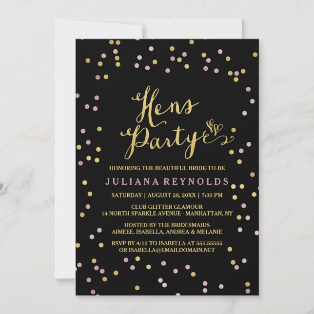Gold & Pink Confetti Black Hens Party Invitation (Front)