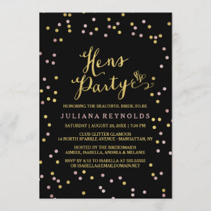 Gold & Pink Confetti Black Hens Party Invitation