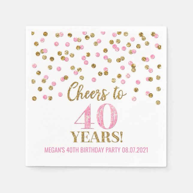 Gold Pink Confetti Cheers to 40 Years Birthday Napkin (Front)