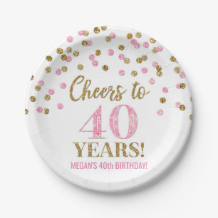 Gold Pink Confetti Cheers to 40 Years Birthday Paper Plate