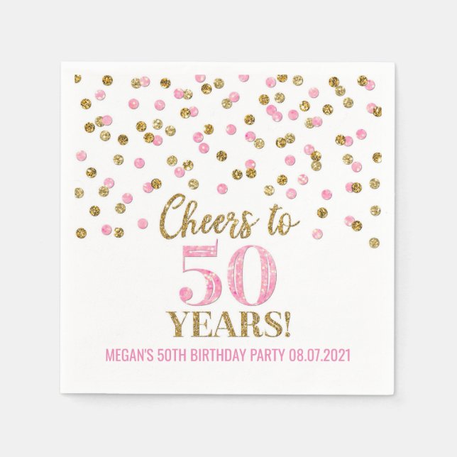 Gold Pink Confetti Cheers to 50 Years Birthday Napkin (Front)