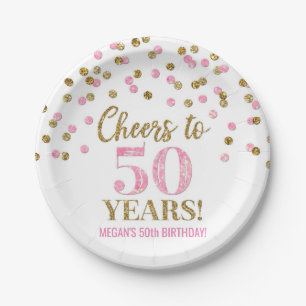 Gold Pink Confetti Cheers to 50 Years Birthday Paper Plate