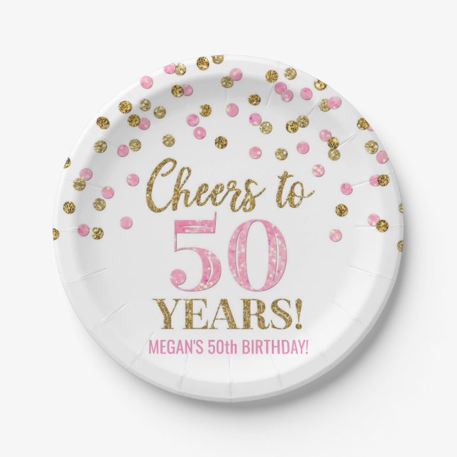 Gold Pink Confetti Cheers to 50 Years Birthday Paper Plate (Front)