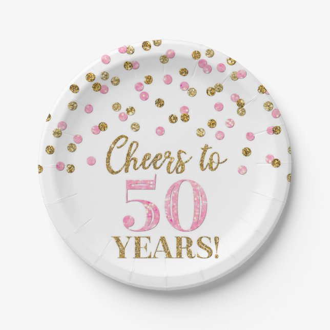 Gold Pink Confetti Cheers to 50 Years Birthday Paper Plate (Front)