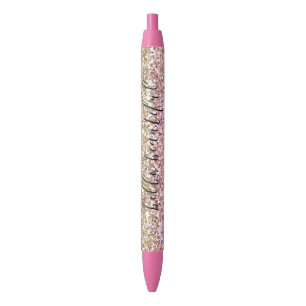 Gold Pink Confetti Glitter Personalised Black Ink Pen