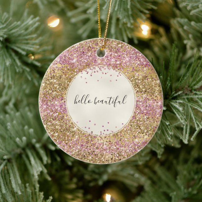 Gold Pink Confetti Glitter Personalised      Ceramic Tree Decoration (Tree)