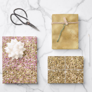 Gold Pink Confetti Glitter Wrapping Paper Sheet