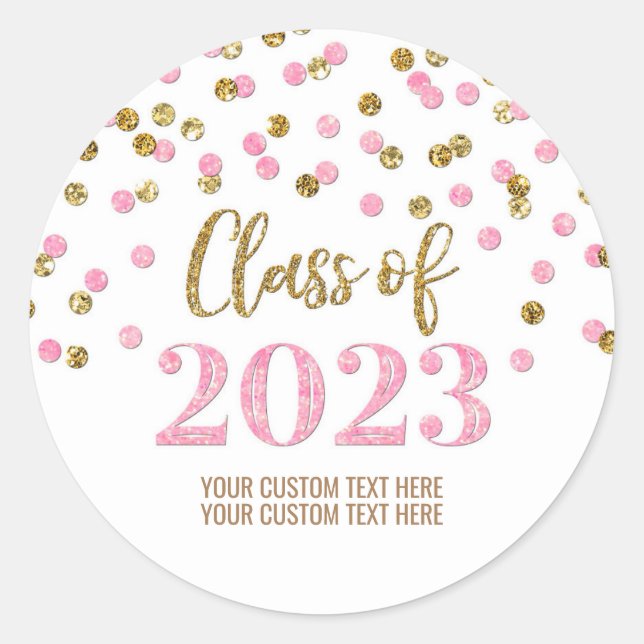 Gold Pink Confetti Graduation 2023  Classic Round Sticker (Front)