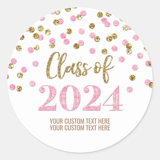 Gold Pink Confetti Graduation 2024 Classic Round Sticker (Front)