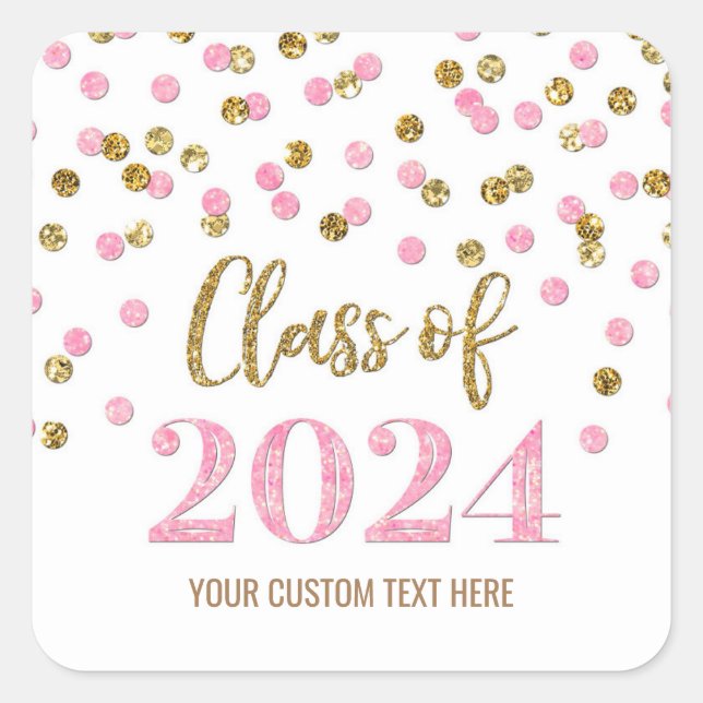 Gold Pink Confetti Graduation 2024 Square Sticker (Front)