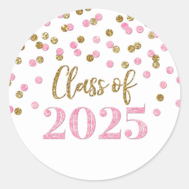 Gold Pink Confetti Graduation 2025 Classic Round Sticker (Front)