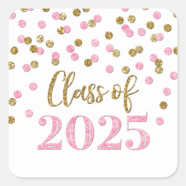 Gold Pink Confetti Graduation 2025 Square Sticker (Front)