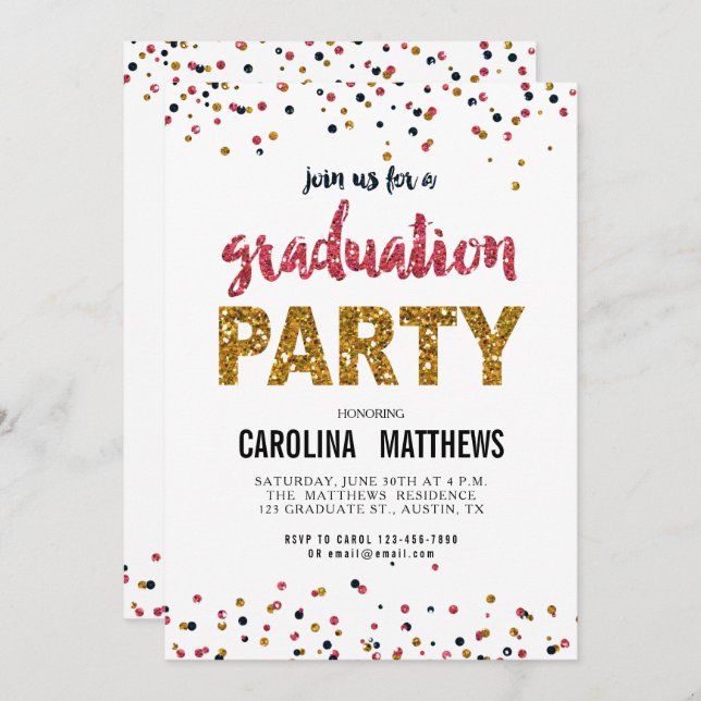 Gold Pink Confetti Graduation Party Invitation (Front/Back)