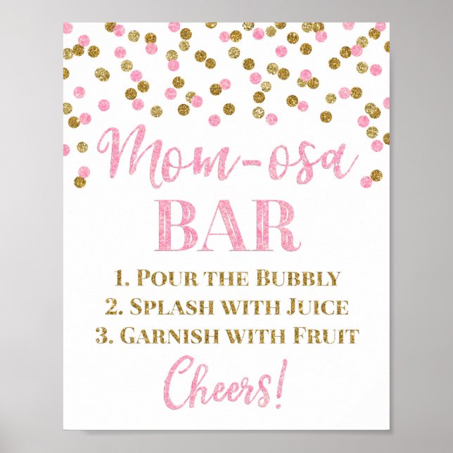 Gold Pink Confetti Mom-osa Bar Sign Baby Shower (Front)