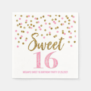 Gold Pink Confetti Sweet 16 Birthday Napkin