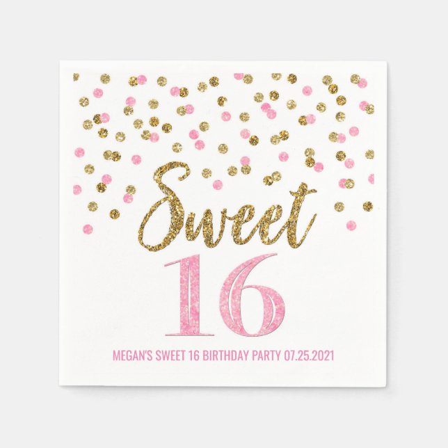 Gold Pink Confetti Sweet 16 Birthday Napkin (Front)