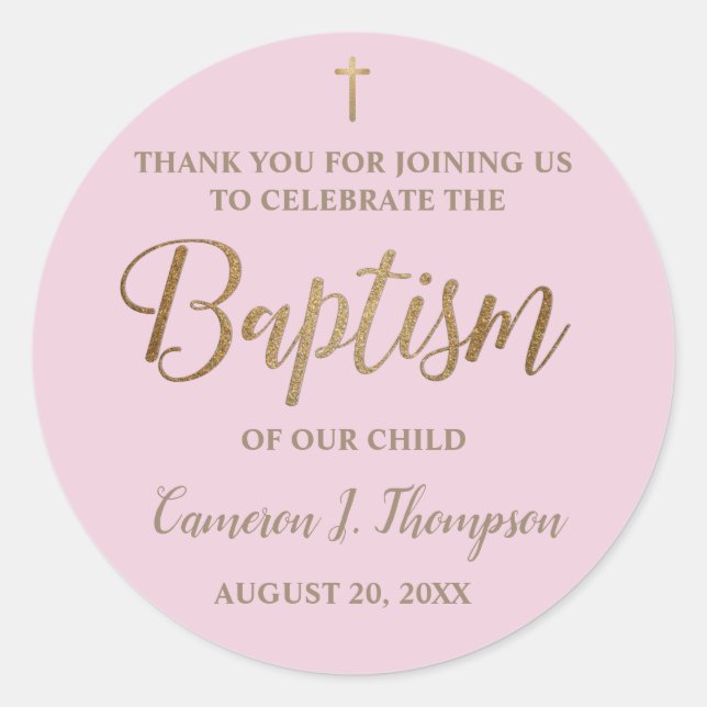 Gold Pink Custom Baby Girl baptism thank you Classic Round Sticker (Front)