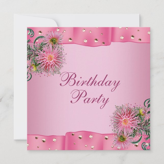 Gold Pink Dahlia Womans Birthday Party Invitation (Front)