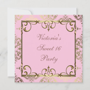 Gold Pink Damask Sweet 16 Birthday Party Invitation