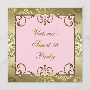 Gold Pink Damask Sweet 16 Birthday Party Invitation