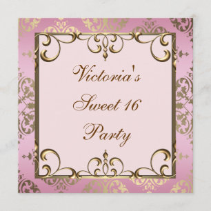 Gold Pink Damask Sweet 16 Birthday Party Invitation