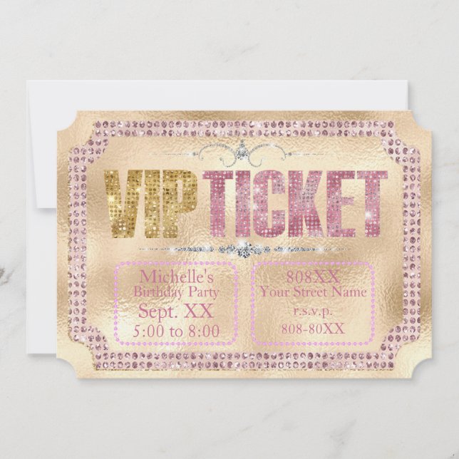 Gold & Pink Diamonds Glamourous Ticket Invitation (Front)