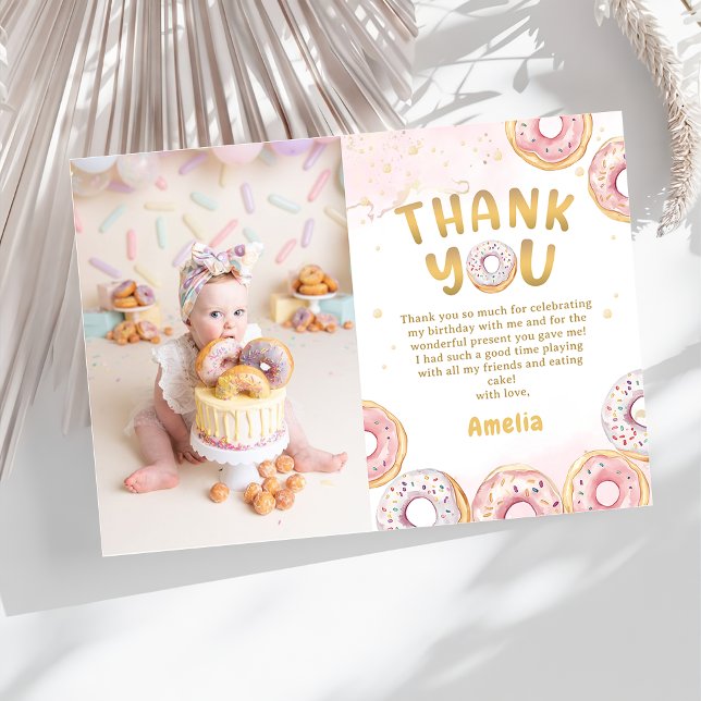 Gold Pink Doughnut Girl Birthday Photo Thank You C (Creator Uploaded)