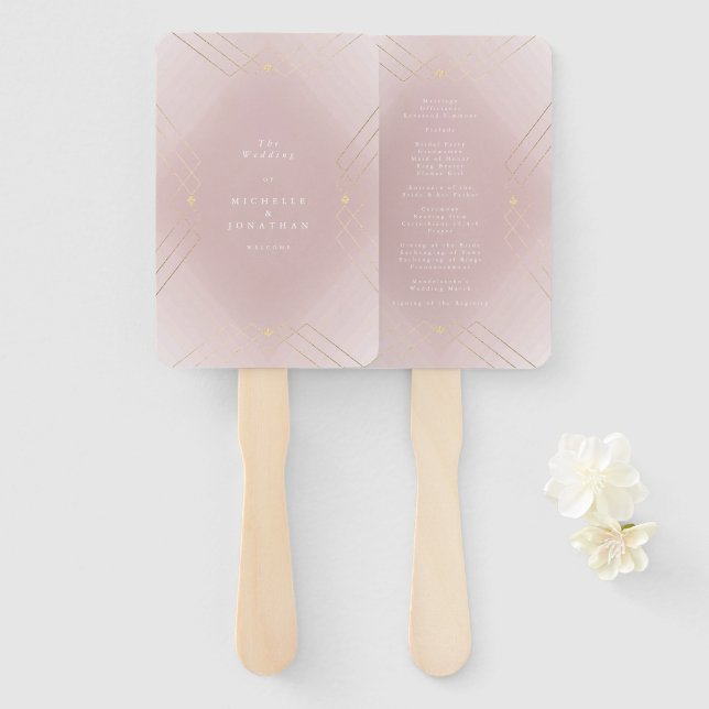 Gold Pink Elegance Diamond Geo Deco Wedding Hand Fan (Front and Back)