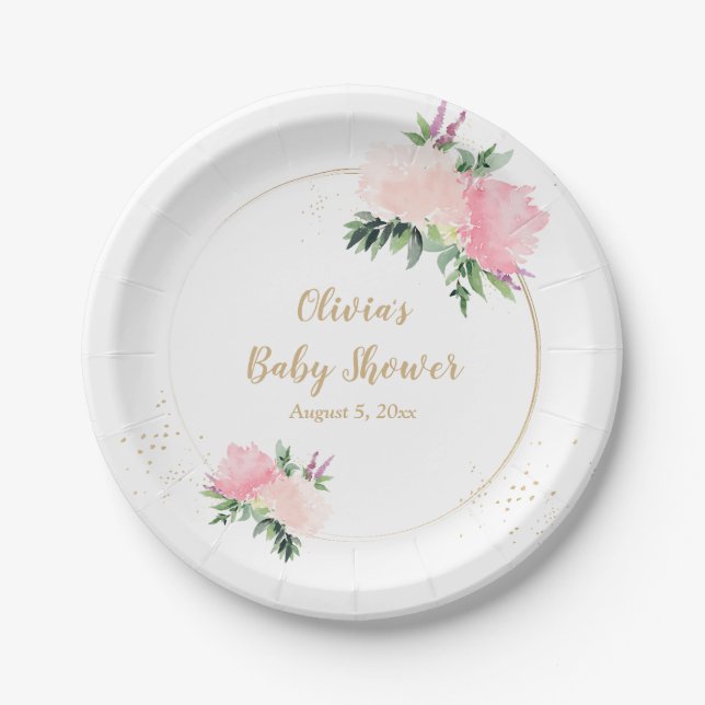 Gold Pink Floral Baby Shower Paper Plate (Front)