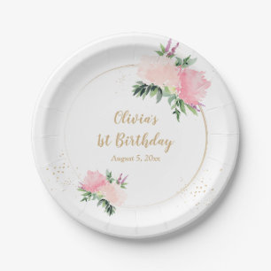 Gold Pink Floral Birthday Paper Plate