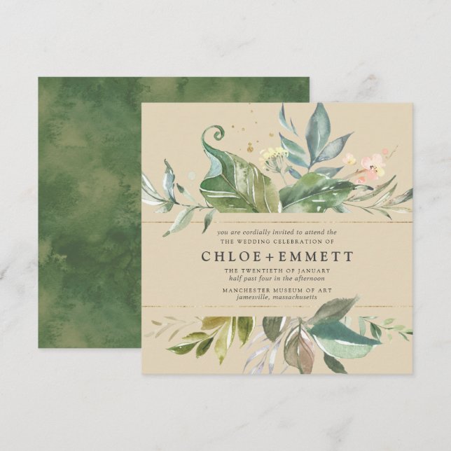 Gold Pink Floral Boho Botanical Square Wedding Invitation (Front/Back)