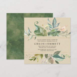Gold Pink Floral Boho Botanical Square Wedding Invitation