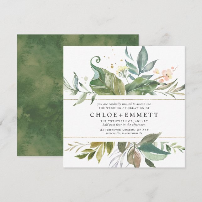 Gold Pink Floral Boho Botanical Square Wedding Invitation (Front/Back)