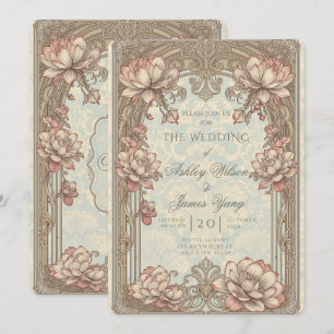 Gold Pink Floral Botanical Wedding Invitation