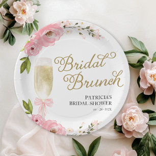 Gold Pink Floral Bridal Brunch Bridal Shower Paper Plate