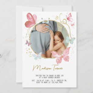 Gold Pink Floral Butterfly Baby Shower Photo  Invitation