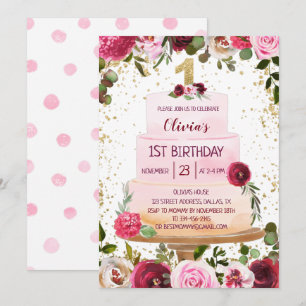 Gold & Pink Floral Cake 1st Birthday Invitation